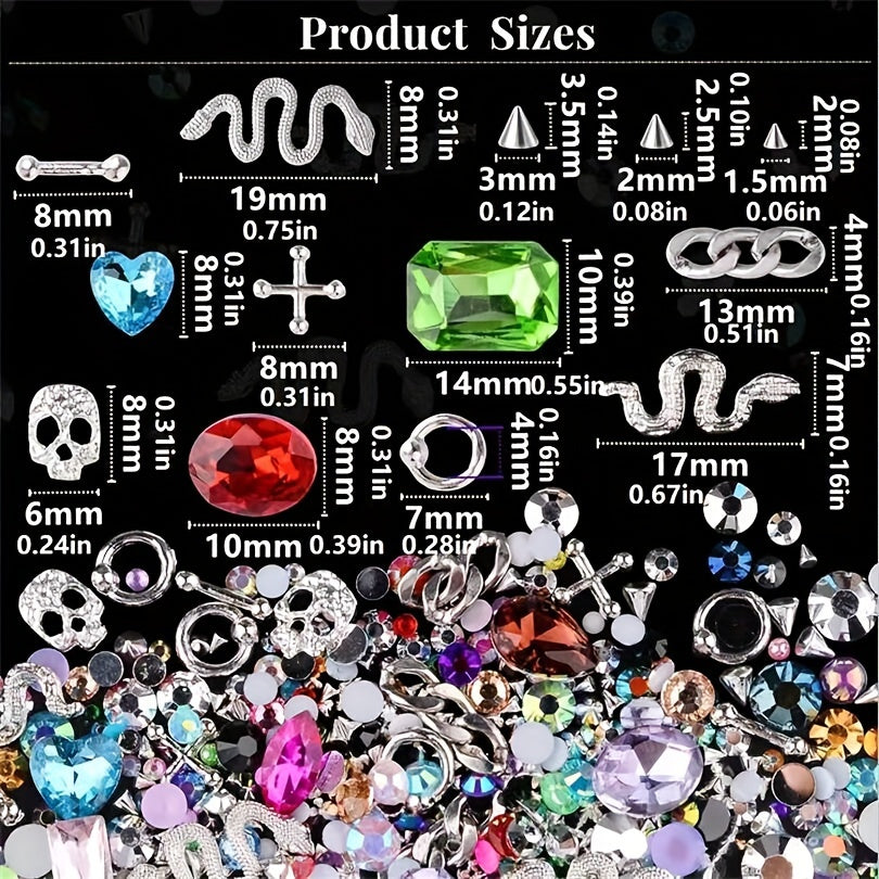 300 Pieces Of Y2K Black Golden Silvery Punk Cone Rivet 3D Golden Skull Cross Chain Snake Pattern Retro Alloy Golden Nail Pendant Glass Pointed Bottom Gem Resin Water Drill Female Girl Golden Nail DIY Nail Art Decoration Set